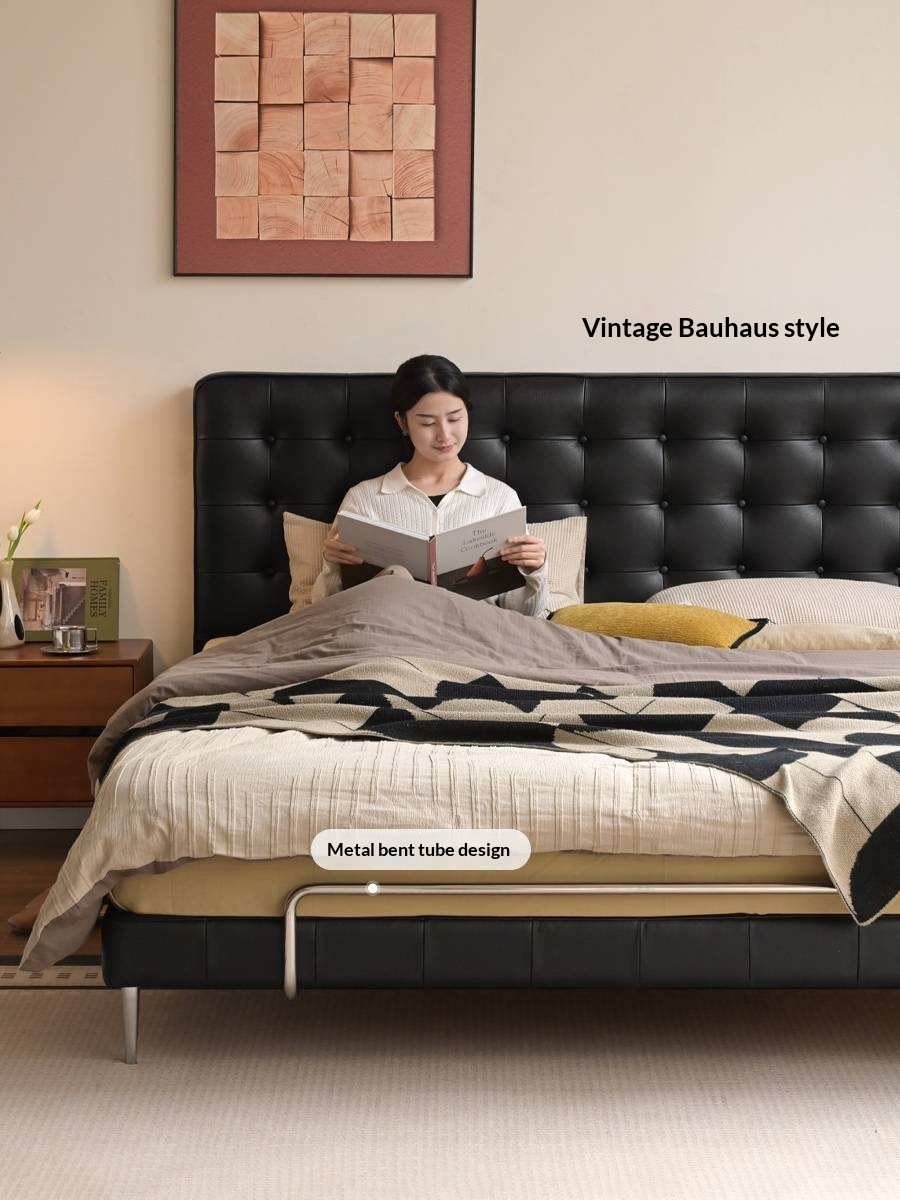Genuine Leather Bed — Italian Light Luxury, Bauhaus Edge Design, Black Finish