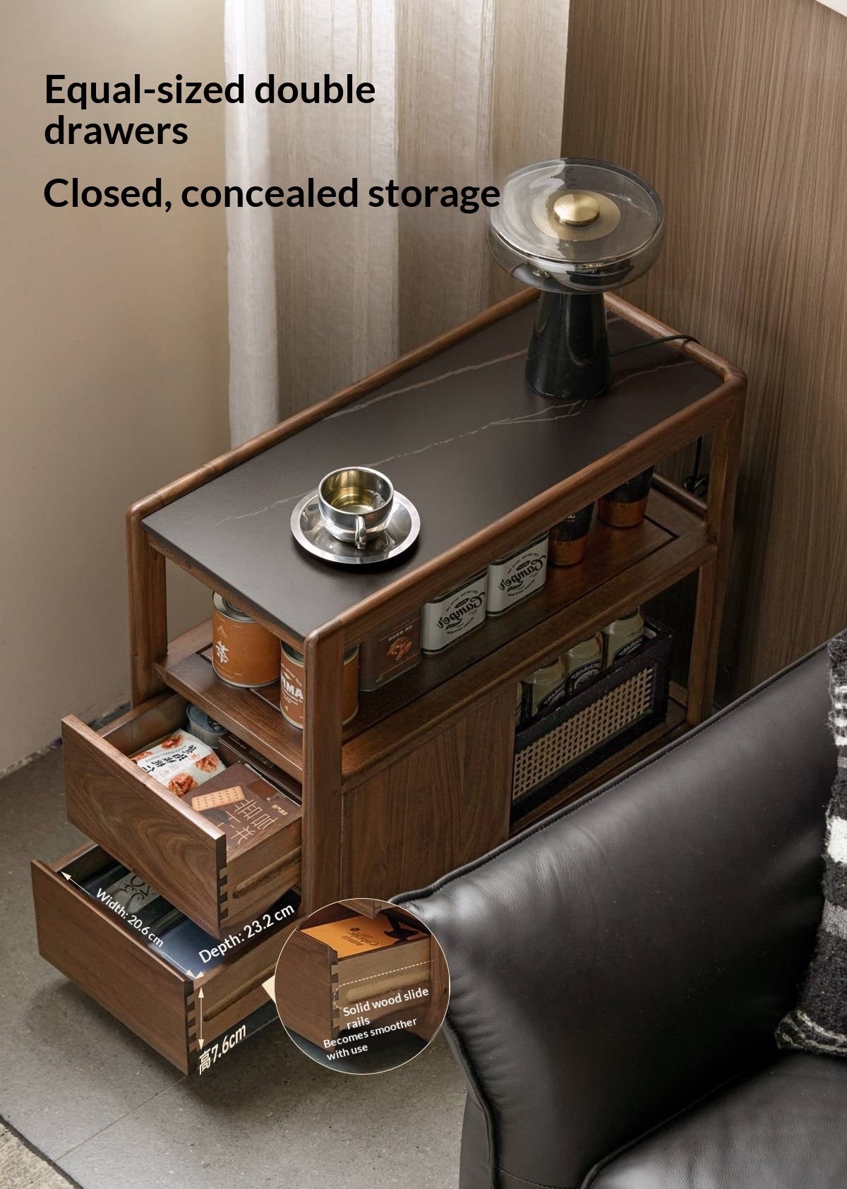 Black Walnut, Sandalwood, Oak, Ash Rolling Side Table with Stone Top and Open Storage Shelves