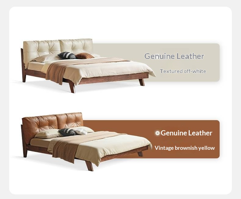 Black Walnut Solid Wood Bed with Top Genuine Leather Upholstery and Nordic High Headboard