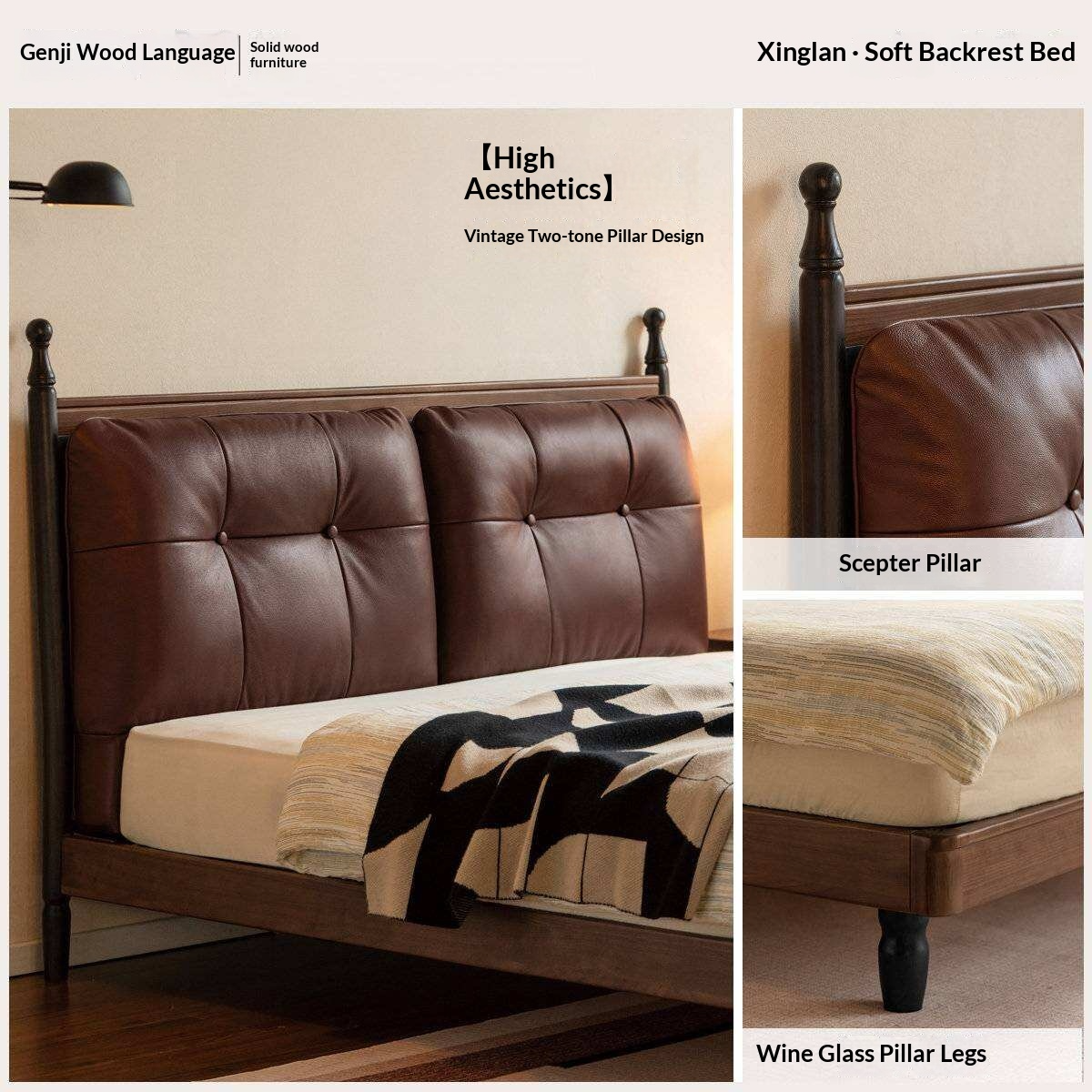 Black Walnut Solid Wood Leather Four Poster Bed with Tufted Headboard