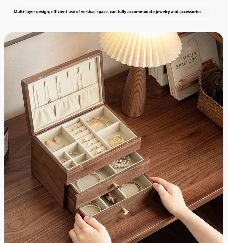 Black Walnut Solid Wood Jewelry Box with Large Capacity for Earrings and Necklaces