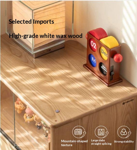 White Ash Wood Solid Wood Side Cabinet with Glass and Light Showcase