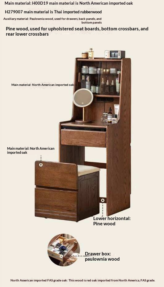 Oak Solid Wood, Rubberwood Solid Vanity Table with Drawers and Modern Minimalist Design