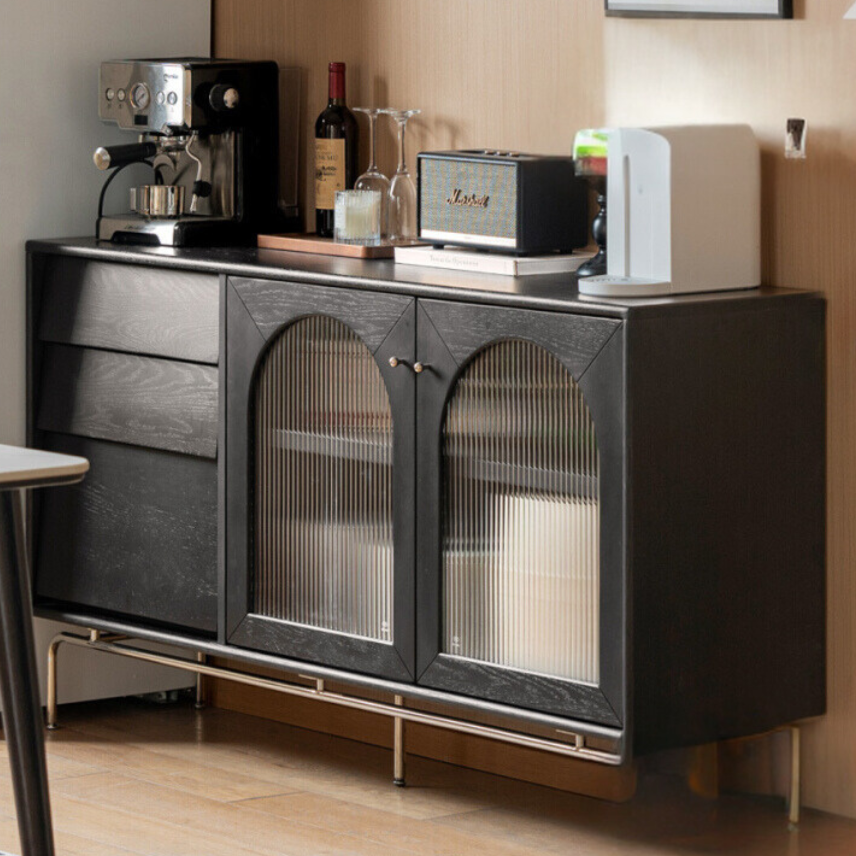 Solid Rubberwood, Oak Solid Wood French Retro Sideboard Black Glass