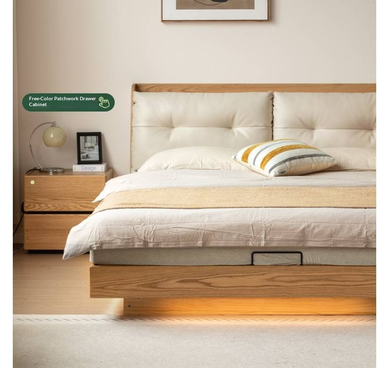 Oak Solid Wood Modern Leather Storage Bed, LED Lighting and USB Charging