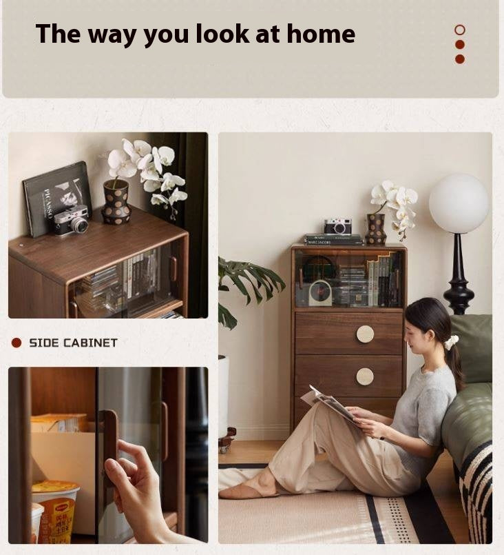 Black Walnut Solid Wood Retro Side Cabinet.