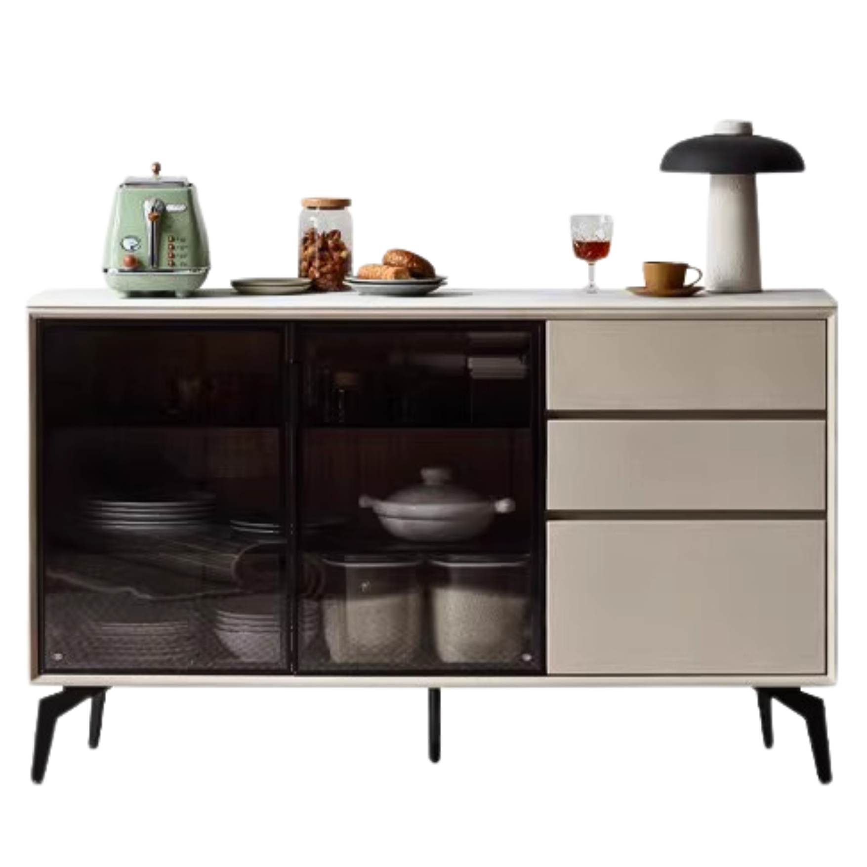 Poplar Solid Wood Rock Board Glass Door Dining Sideboard