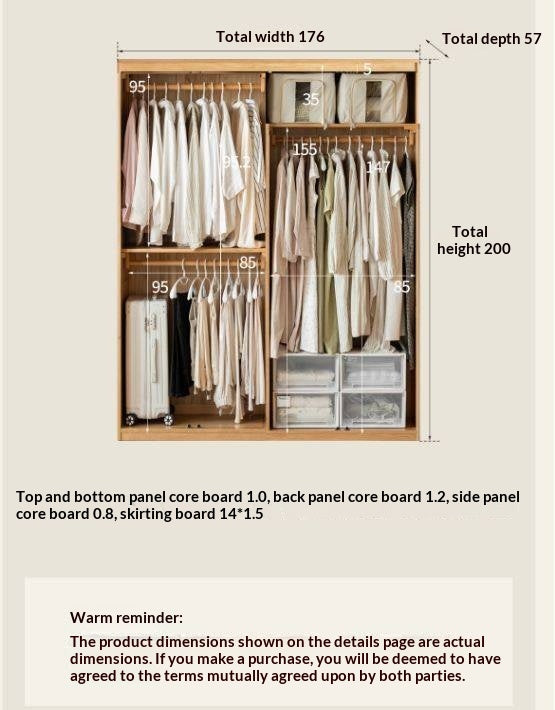 Oak Solid Wood Armoire Wardrobe with Hanging Rod and Drawers