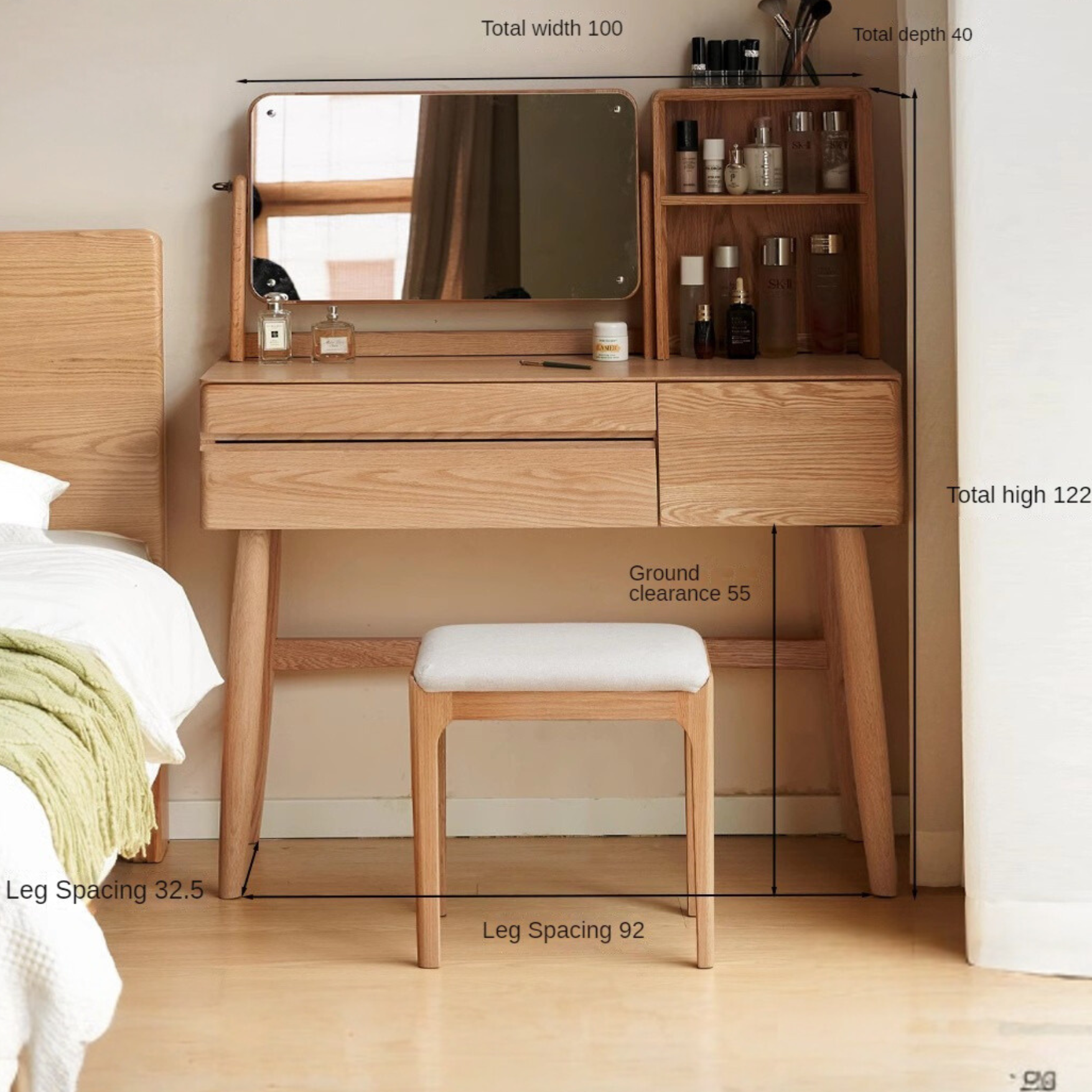 Oak, Beech Solid Wood Nordic Style Dressing Table.