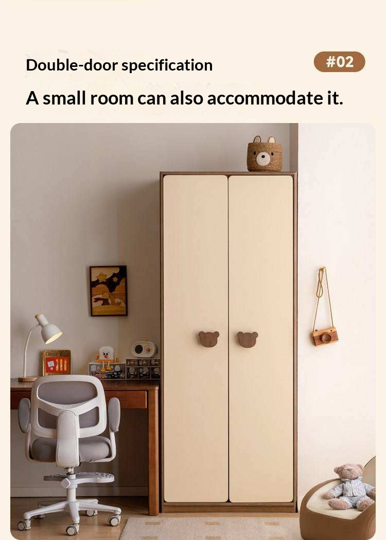 Solid RubberWood Kids Wardrobe Closet with Bear Handles and Storage Drawers