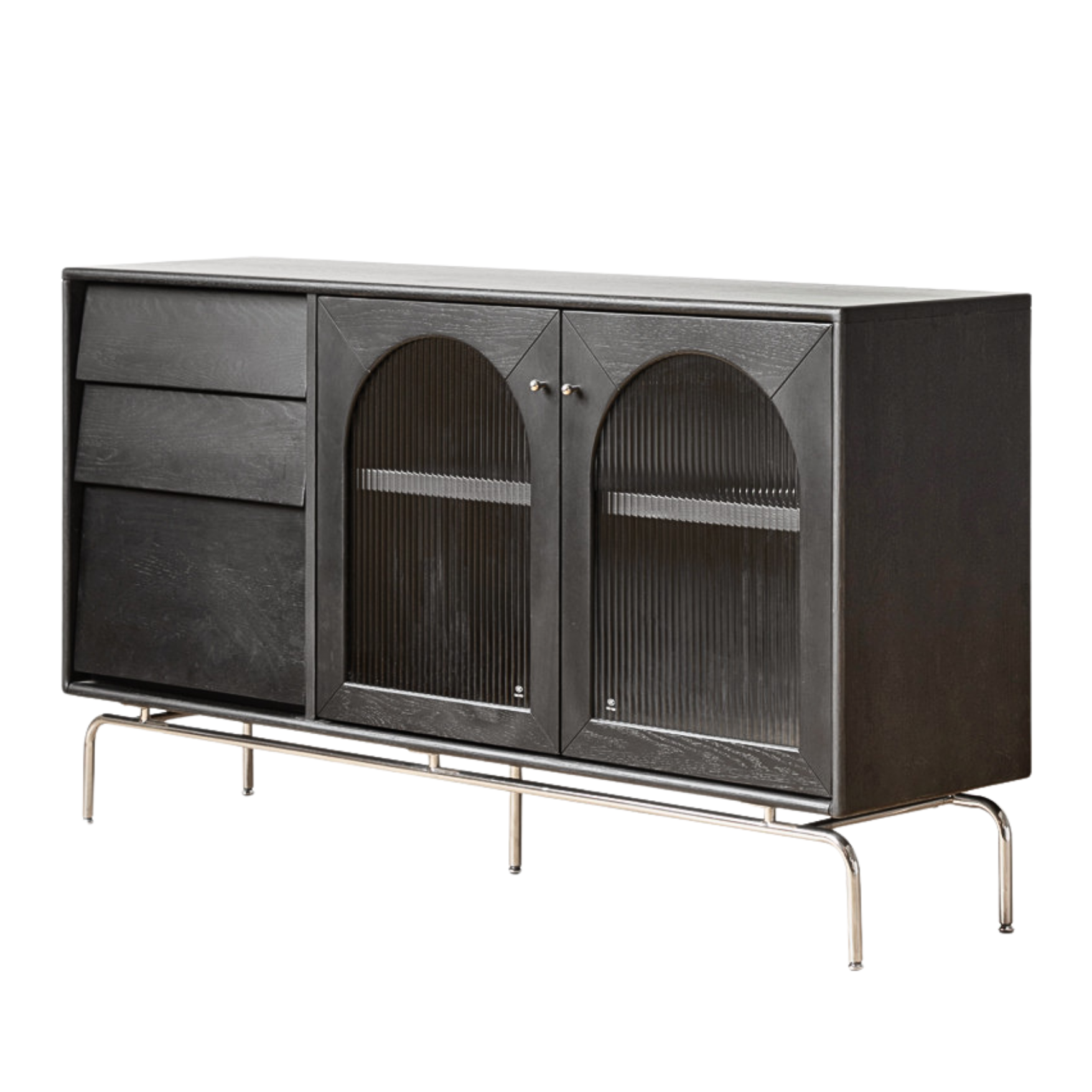 Solid Rubberwood, Oak Solid Wood French Retro Sideboard Black Glass