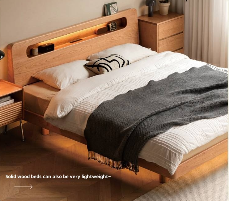 Cherry Solid Wood Retro with Socket Night Light Bed