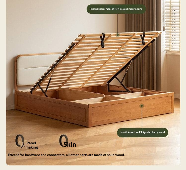 Cherry Solid Wood Box Bed — Vintage Style with Soft Backrest