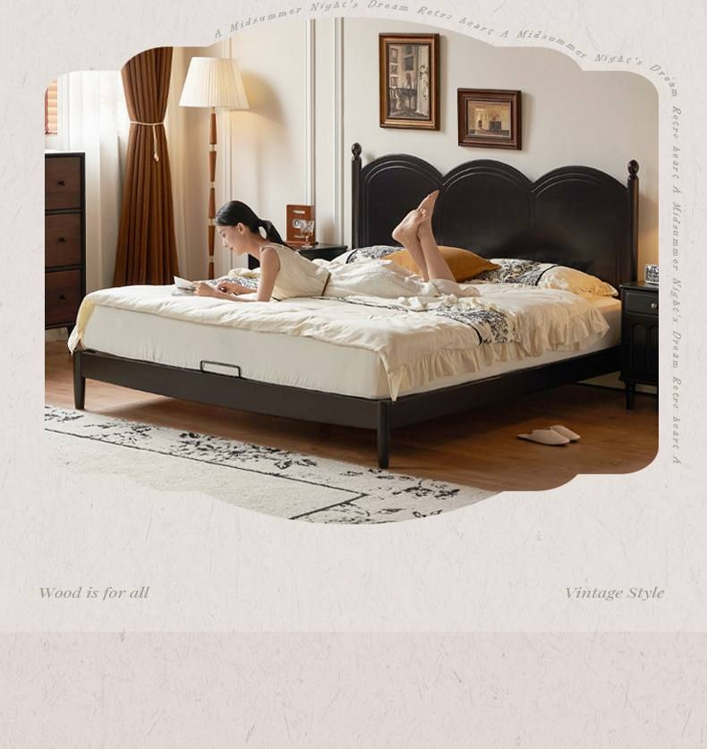 Rubberwood Solid Wood Bed — French Vintage Style, Large Slab Bed