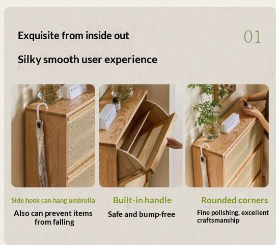 Oak Solid Wood Shoe Cabinet with Modern Minimalist Flip Door, Rattan Accents
