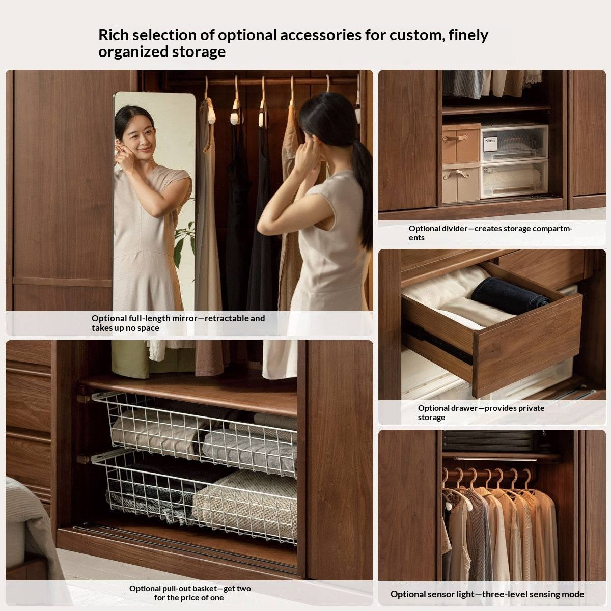 Black Walnut Solid Wood, Solid Longan Hardwood Italian Luxury Sliding Door Wardrobe