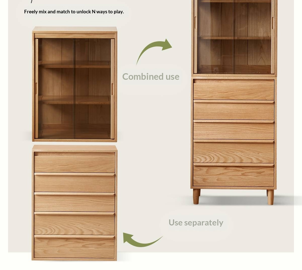 Black Walnut, Oak Solid Wood Glass Display Cabinet with Drawers