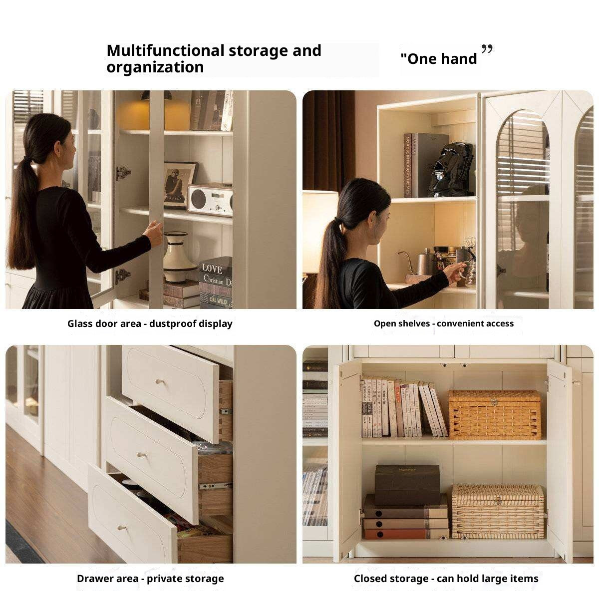 Solid RubberWood Bookcase White With Glass Door French Cream Style