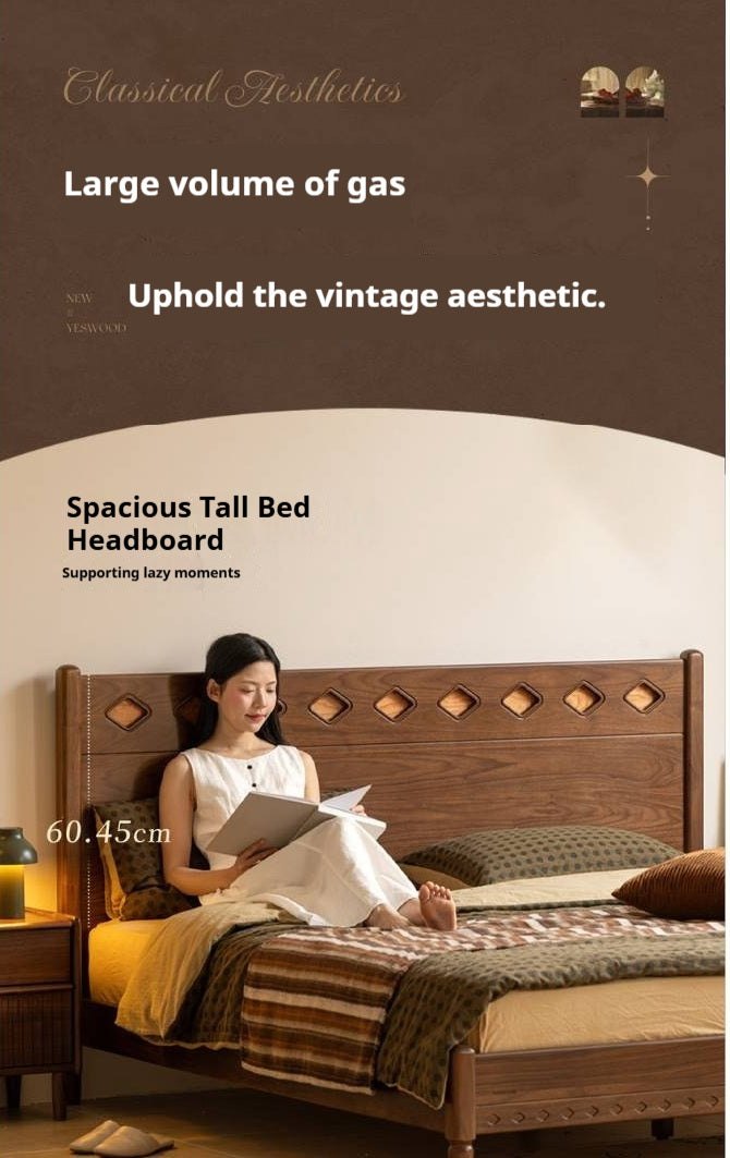 Black Walnut Solid Wood Mid-Century Classic Bed with Cherry Accent Headboard