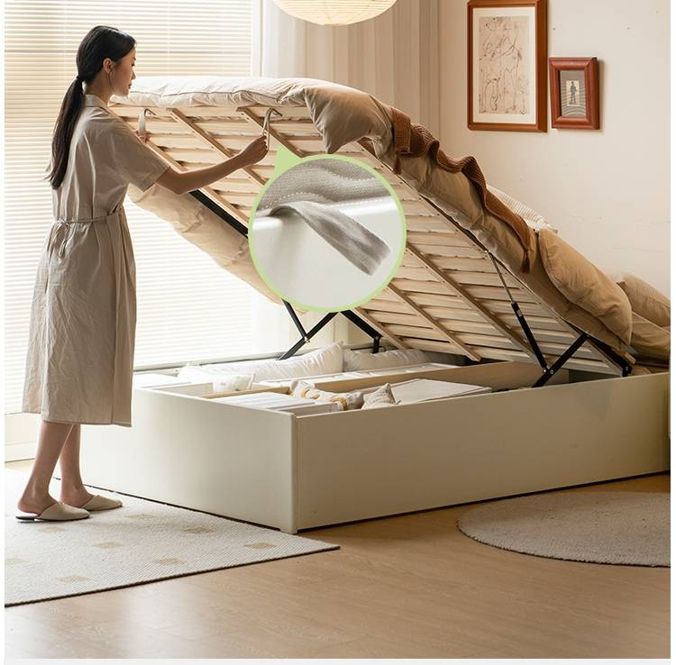 Rubberwood Solid Wood Platform Bed, Headboard-Free Box Bed Cream Style