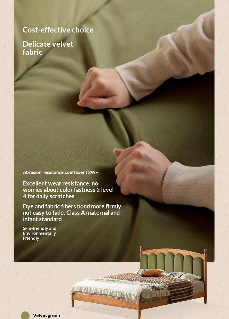 Cherry Solid Wood Genuine Leather, Velvet French-Inspired Scalloped Headboard Bed