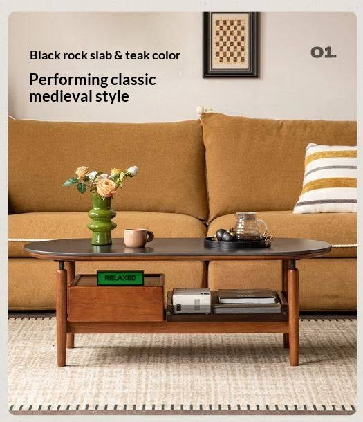 Tulipwood Solid Wood Coffee Table with Rock Slab Top in Retro Style