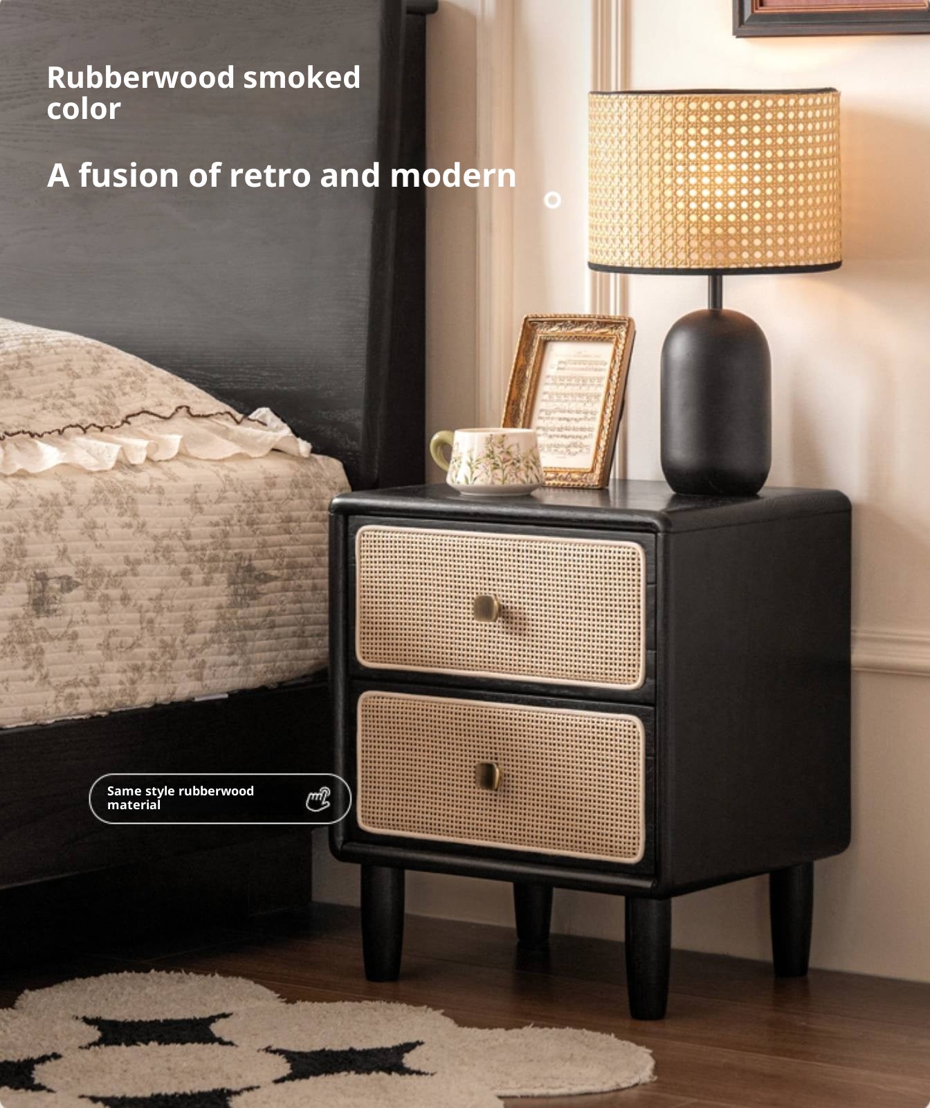 Beech Solid Wood Rattan Log Style Nightstand