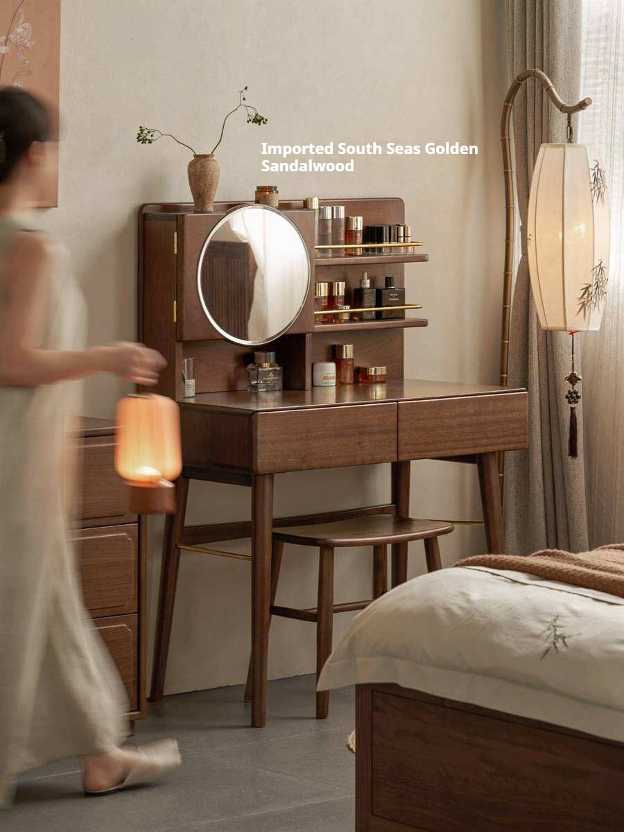 Black Walnut, Sandalwood Solid Wood Moon Makeup Mirror Vanity Table.