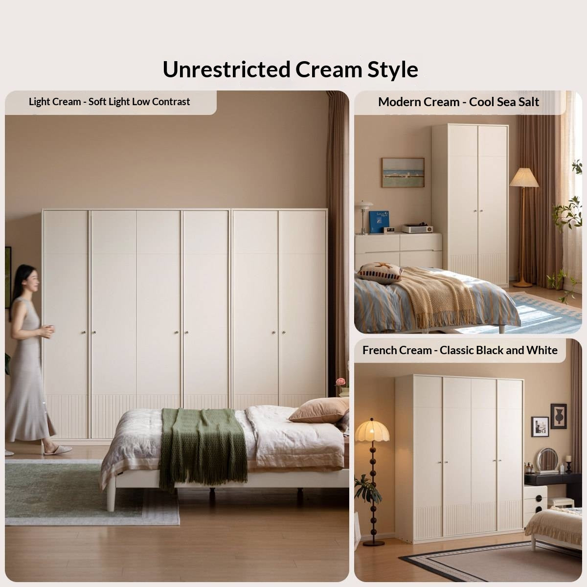 Pine Solid Wood Wardrobe with French Cream Finish and Double Doors