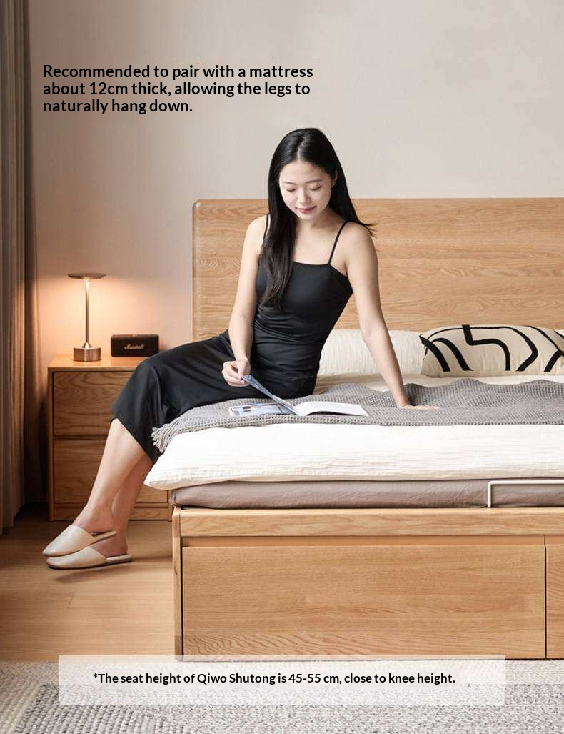 Oak Solid Wood Storage Bed with Hydraulic Lift-Up Frame and drawers