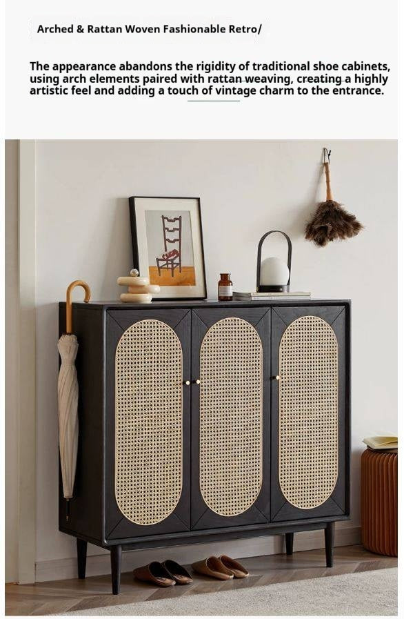 Oak Solid Wood Black Rattan Shoe Cabinet