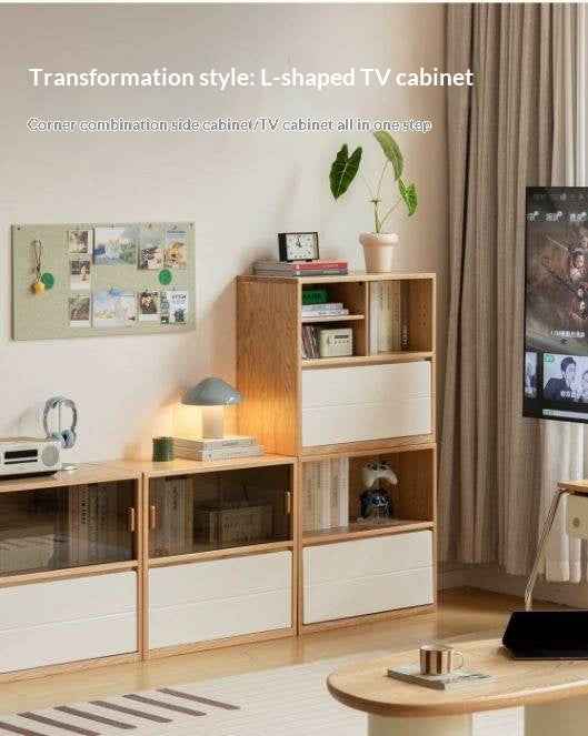 Oak Solid Wood Modular TV Cabinet System with Two-Tone Sliding Doors