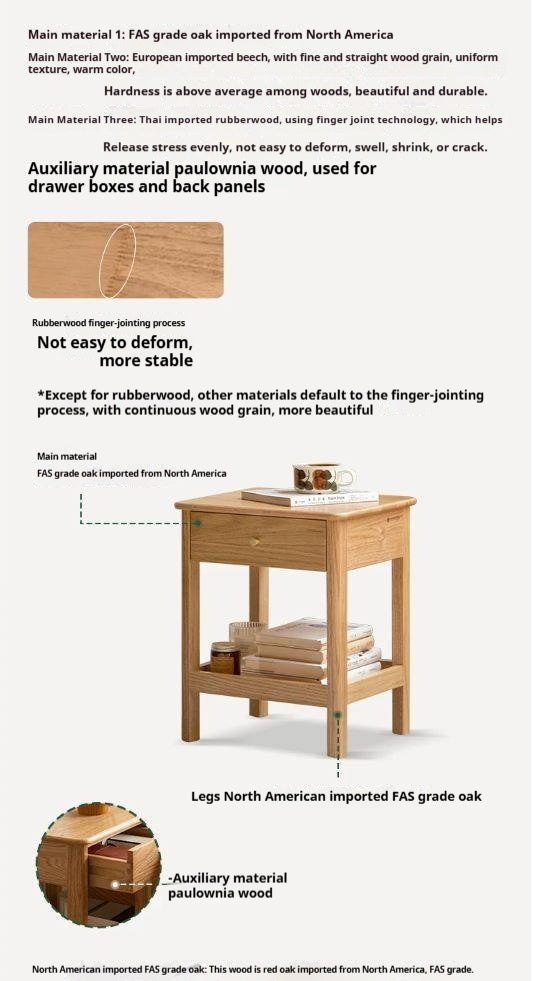 Oak, Beech Solid Wood, Solid RubberWood Nightstand.