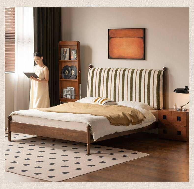 Black Walnut Solid Wood Striped Upholstered Panel Bed