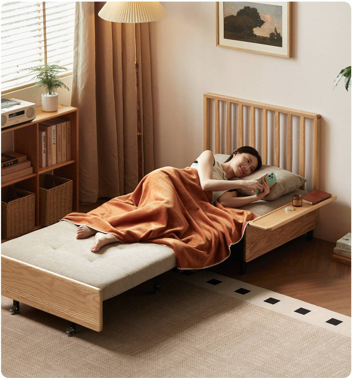 Oak Solid Wood Sleeper Sofa Chair Bed with Attached Fold-Out Side Tray
