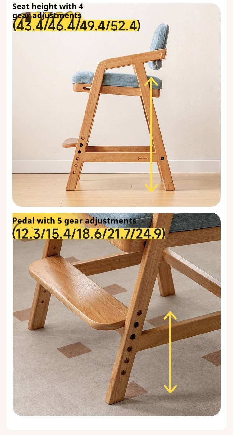 Solid Rubberwood Nordic Style Kids Chair with Adjustable Armrest