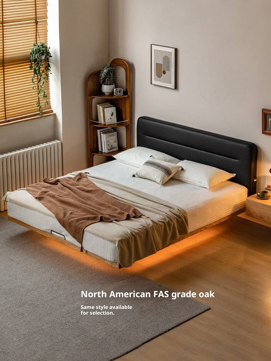 Poplar Solid Wood Floating Soft Bed, Vintage with Light