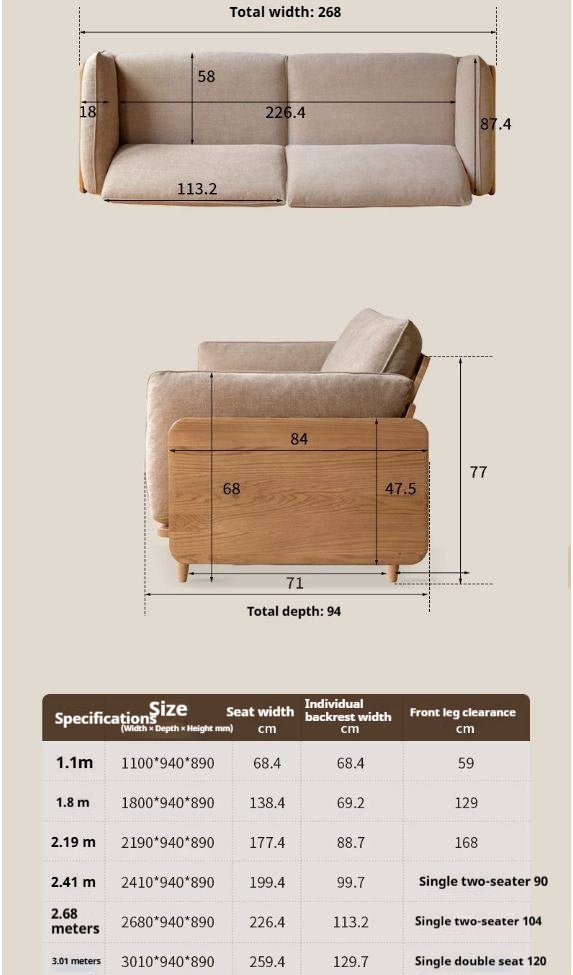 Oak, Ash Solid Wood Sofa with Exposed Wide Arms, High-Back, Genuine leather -fabric