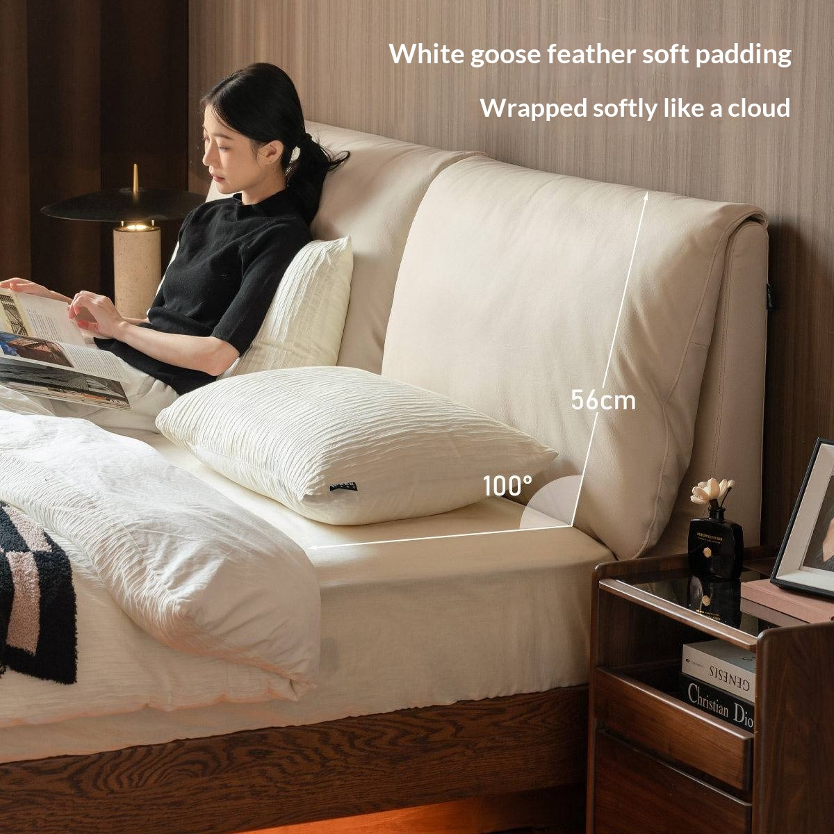 Oak Solid Wood Box Bed — Italian Light Luxury with Soft Genuine leather Backrest