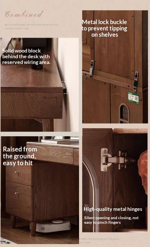 Oak Solid Wood Telescopic Desk with Integrated Bookshelf