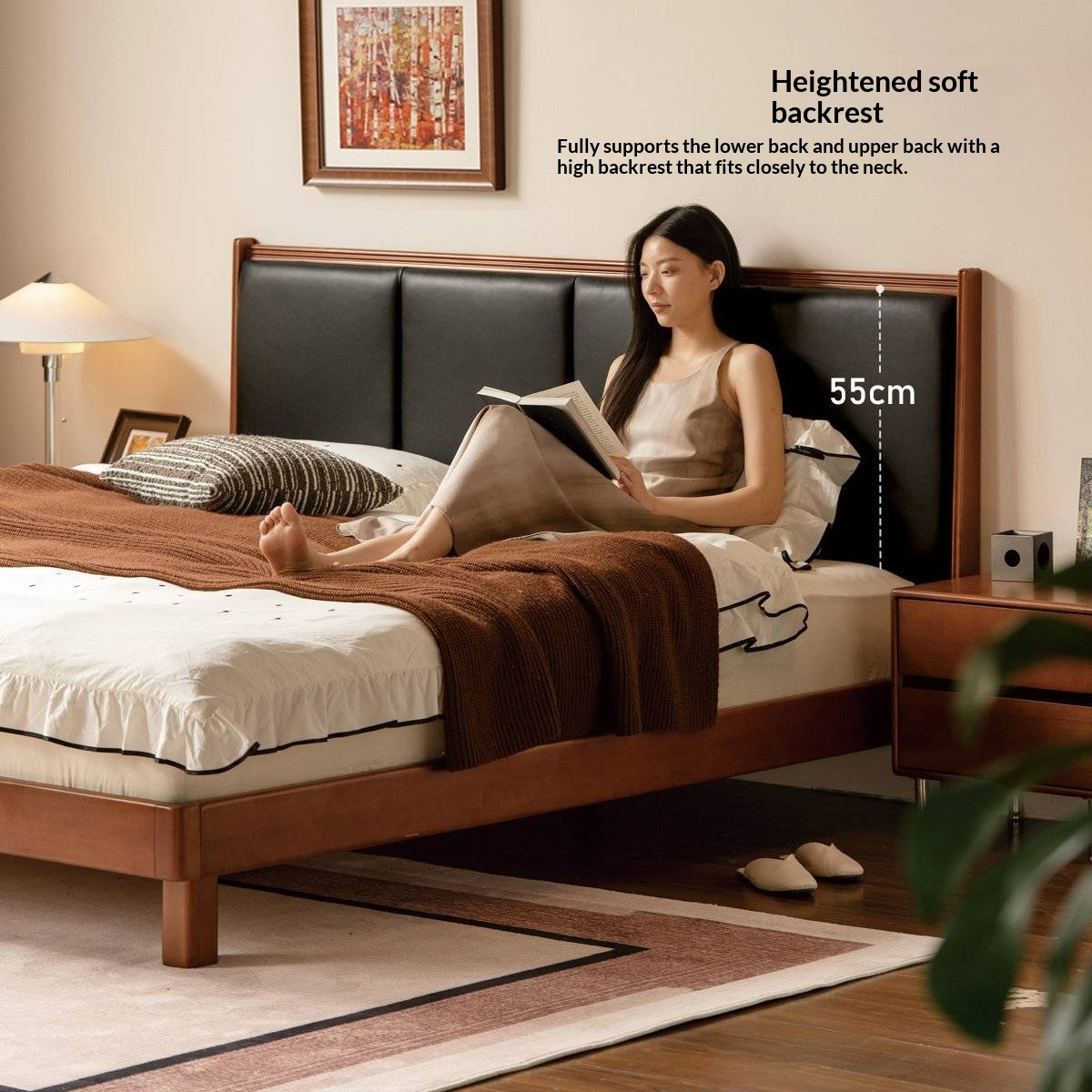 Poplar Solid Wood Mid-Century Piano Key Bed with Leather Upholstered Headboard