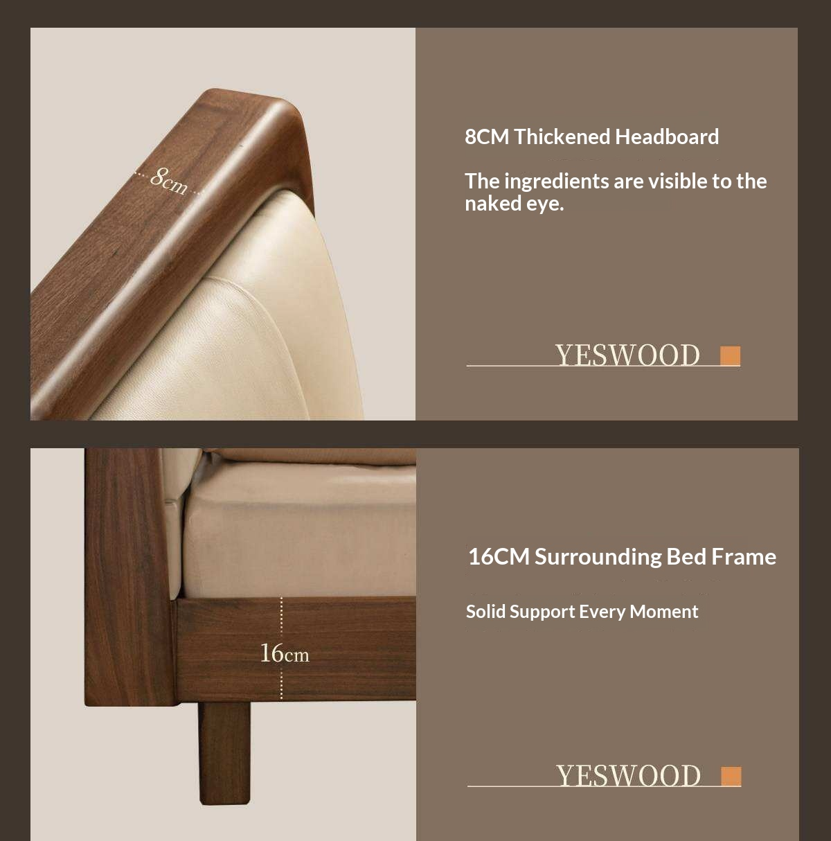 Black Walnut Solid Wood Italian Genuine Leather Bed with Down-Filled Upholstered Headboard