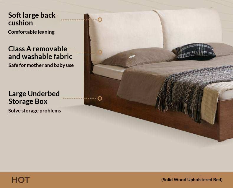 Rubberwood Solid Wood Storage Bed with Lift-Up Platform and Oversized Cushioned Headboard