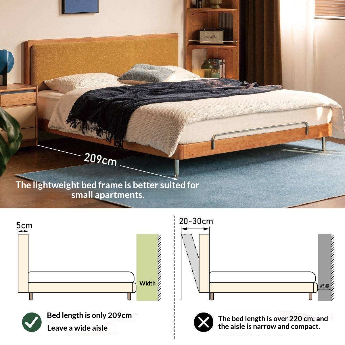 Cherry Solid Wood Bed with Modern Minimalist Design and Genuine Leather Headboard