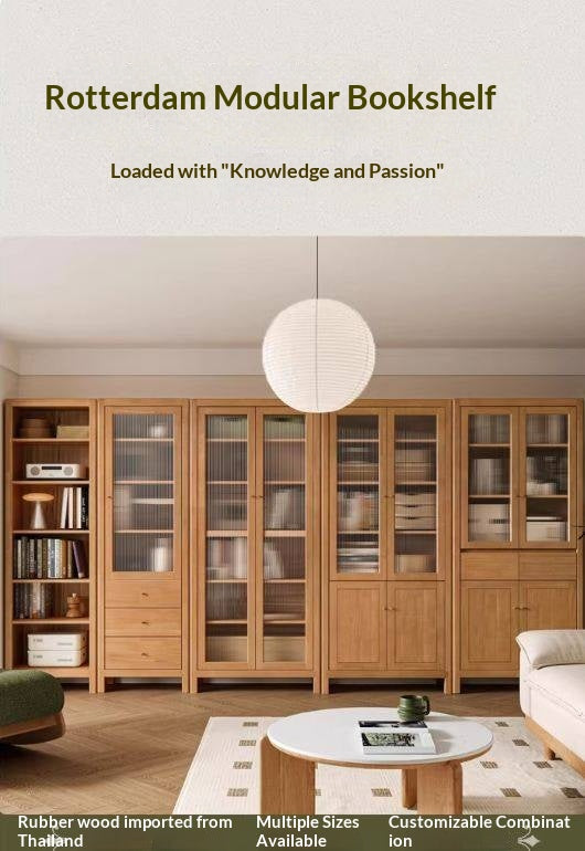 Solid Rubberwood Bookcase with Storage and Display Shelves