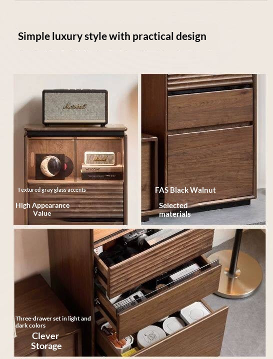 Black Walnut, Ash, Oak Solid Wood Tall Side Cabinet with Louvered Sliding Door and LED Lighting