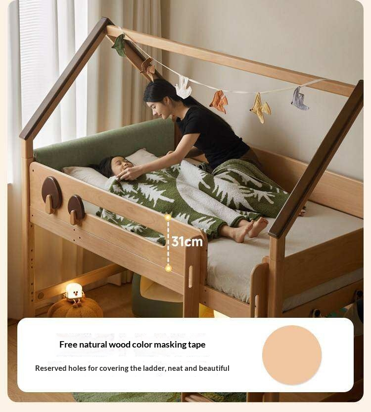 Beech Solid Wood Children's Loft Bed with Table Under Bed