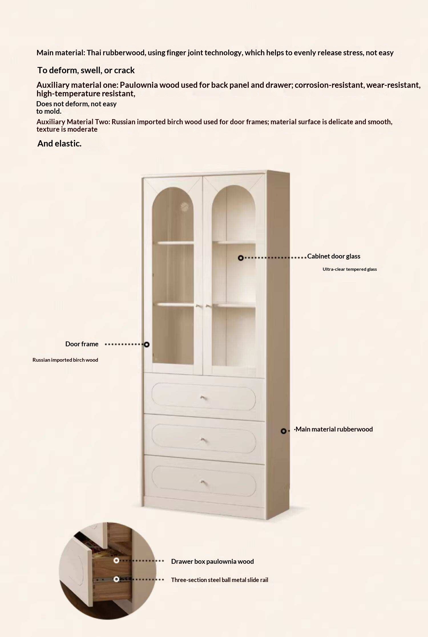 Solid RubberWood Bookcase White With Glass Door French Cream Style