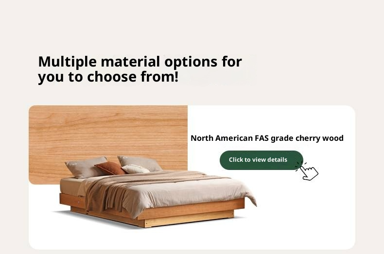 Cherry Solid Wood Floating Platform Box Bed, Headboard-Free Bed