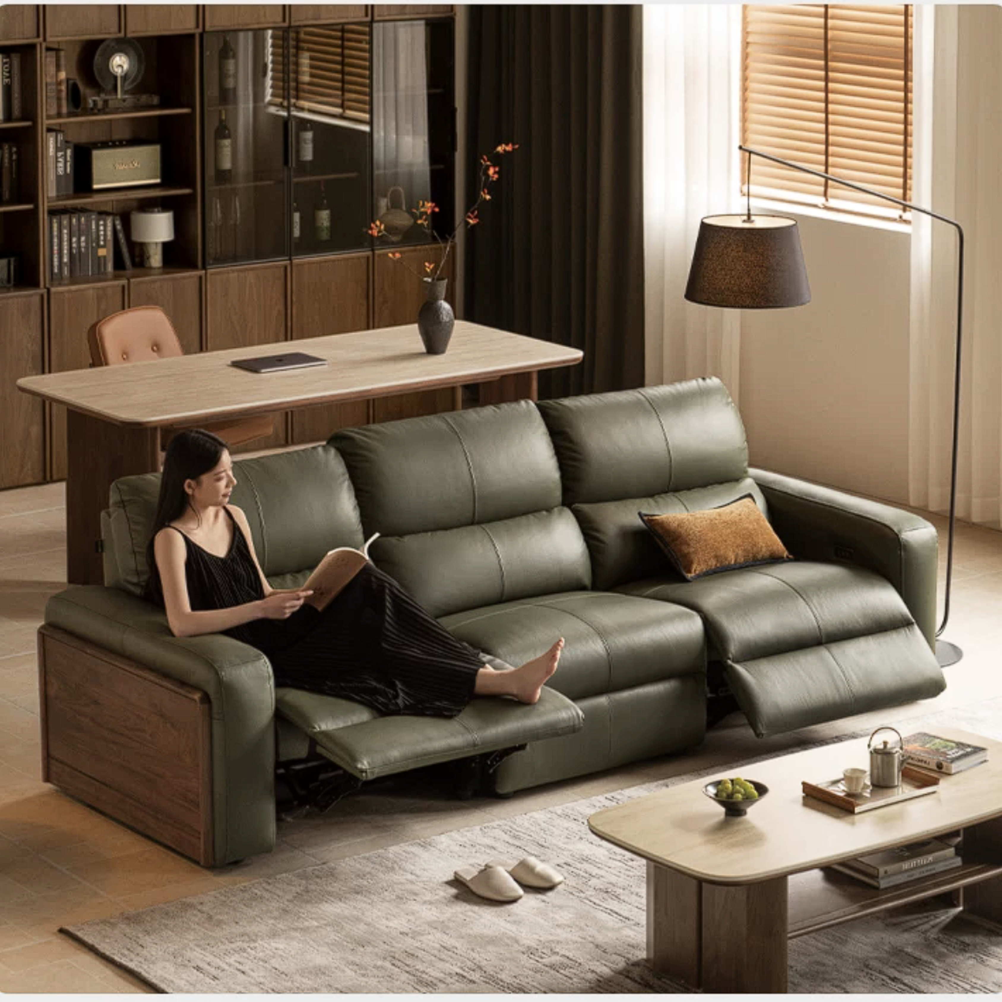 Black Walnut, Golden Sandalwood Solid Wood Top-Grain Genuine Leather Sofa Zero-Wall Recliner Design